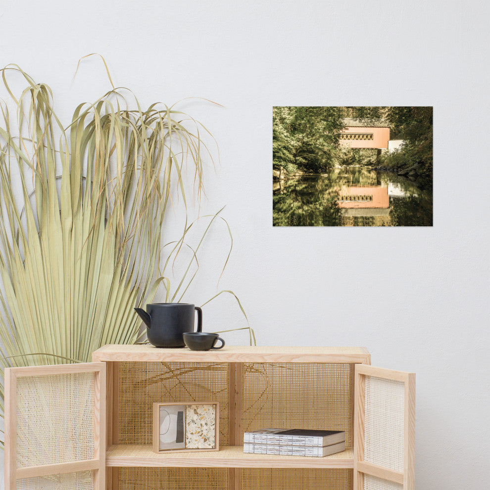 The Reflection of Wooddale Covered Bridge Aged Unframed Wall Art Print, 18" X 24"