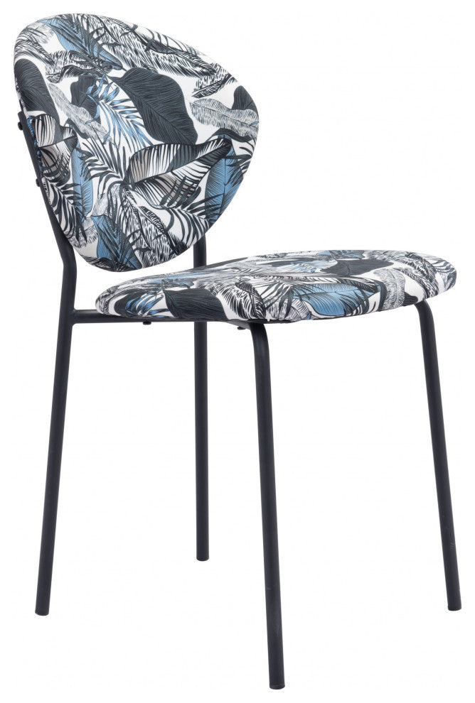 Set of Two Blue Black and White Tropical Design Dining or Side Chairs
