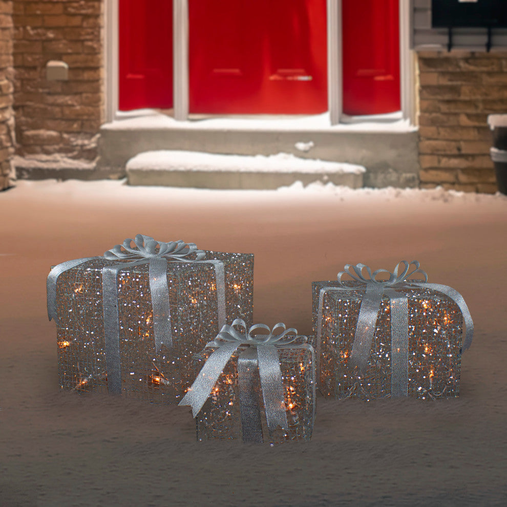 Threaded Light Box 3-Piece LED Lighted Silver Glitter Threaded Gift Boxes Outdoor Christm
