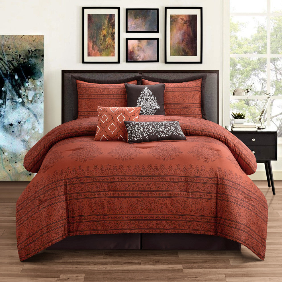 Raja 7 Piece Comforter Set, Rust, King