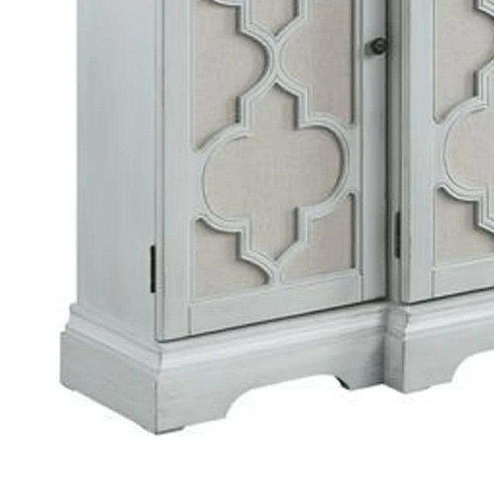 Benzara BM273236 4 Door Buffet Cabinet Console Table, Quatrefoil, Antique Blue