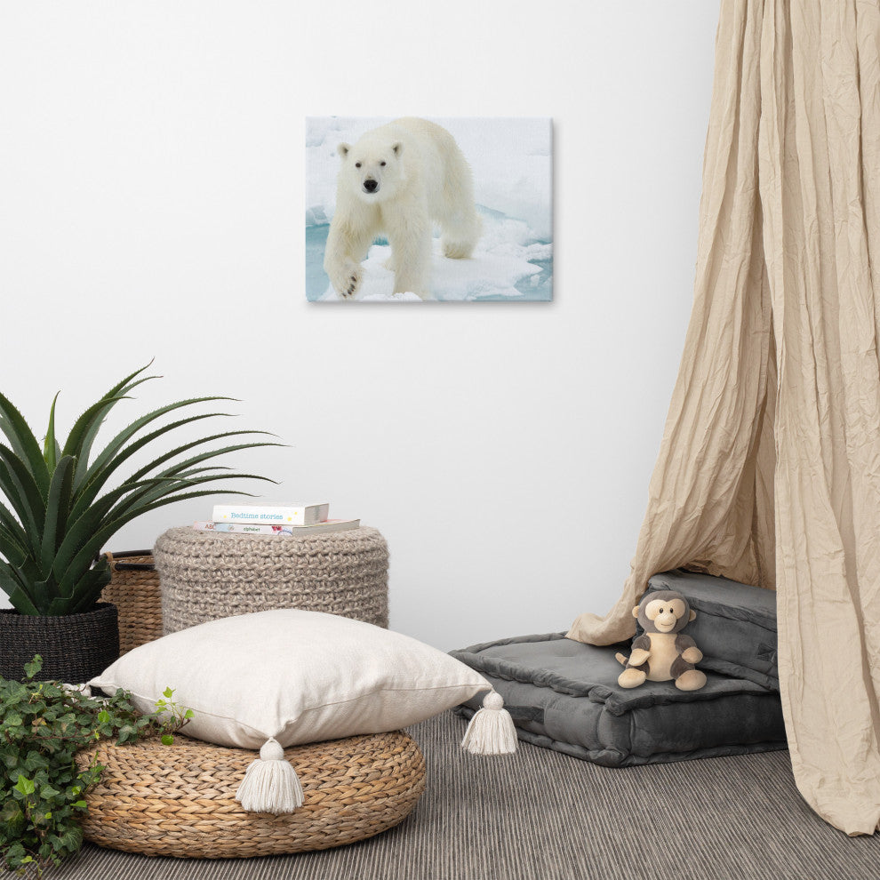 Giant White Polar Bear Walking On Icy Lake Wildlife Photo Canvas Wall Art Print, 18" X 24"