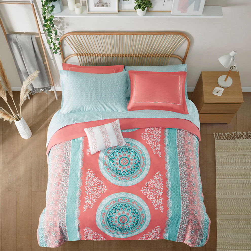 Intelligent Design Loretta Boho Comforter Set With Bed Sheets, Coral