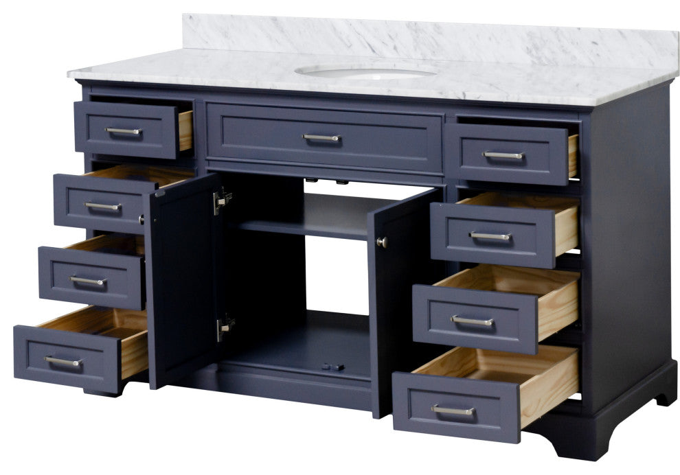 Aria 60" Bathroom Vanity, Marine Gray, Carrara Marble, Single Vanity