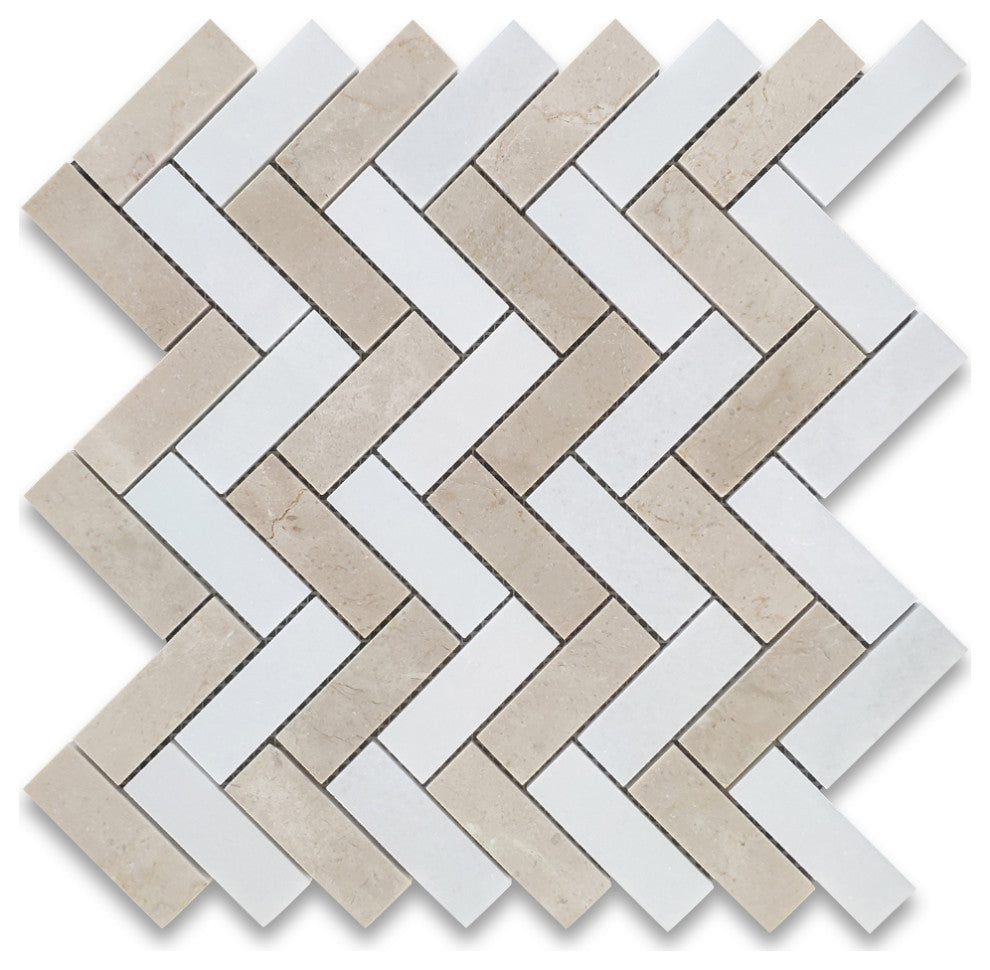Crema Marfil Thassos White Marble 1x3 Herringbone Wall Floor Tile, 1 sheet
