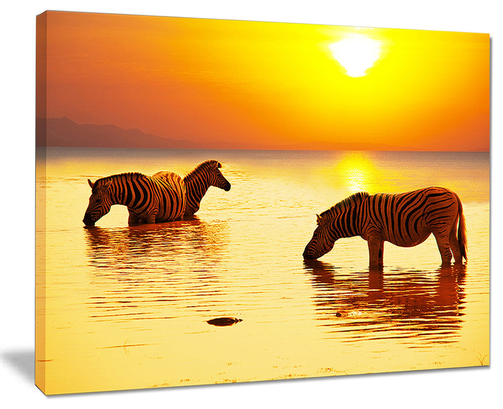 "Zebras Drinking in Lake At Sunset" Animals Artwork Canvas, 40"x30"