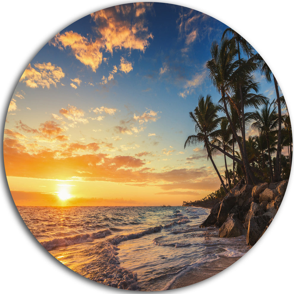 Paradise Tropical Island Beach With Palms, Circle Metal Wall Art, 11"