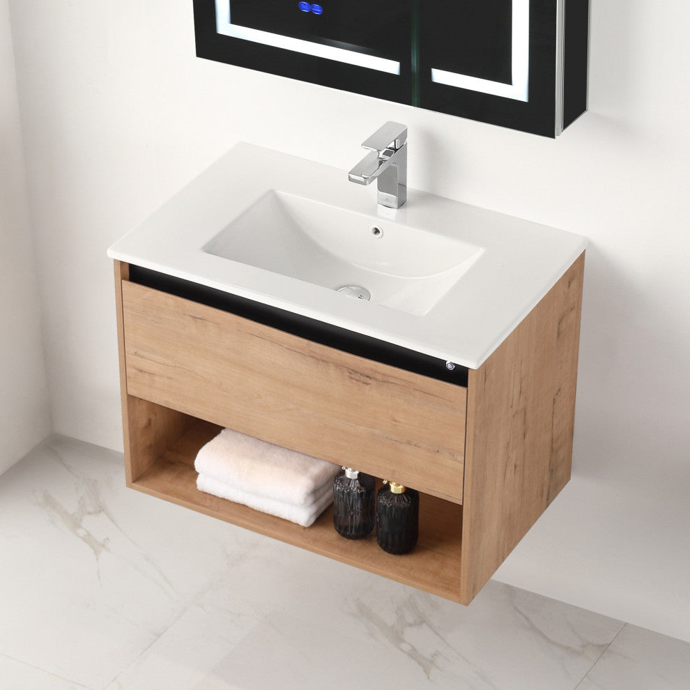 Wall Mounted Bathroom Vanity and Sink, Classic Oak, 30'' Ceramic