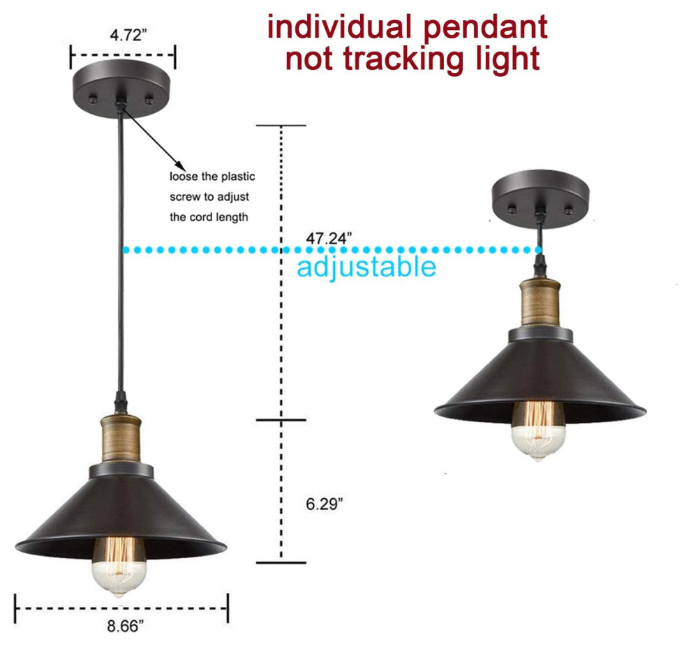 Industrial Vintage Metal Pendant Light, 3 Pack