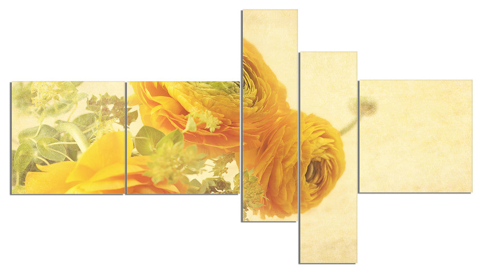 Bunch of Yellow Ranunculus Flowers, Floral Canvas Art Print, 60"x32", 5 panels