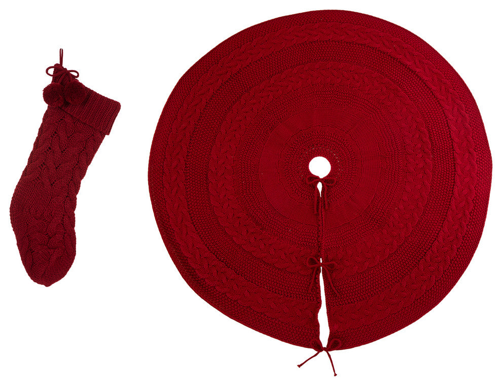 2-Piece Knitted Polyester Christmas Stocking and Tree Skirt, Red