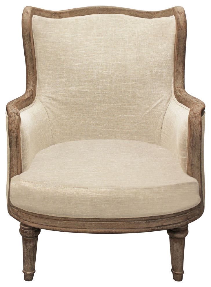 Dan Lounge Arm Chair with Exposed Wood Trim and Frame in Natural Linen Fabric