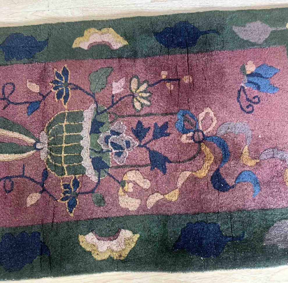 Handmade antique Art Deco Chinese rug 2.1' x 4.2' (64cm x 128cm) 1920s