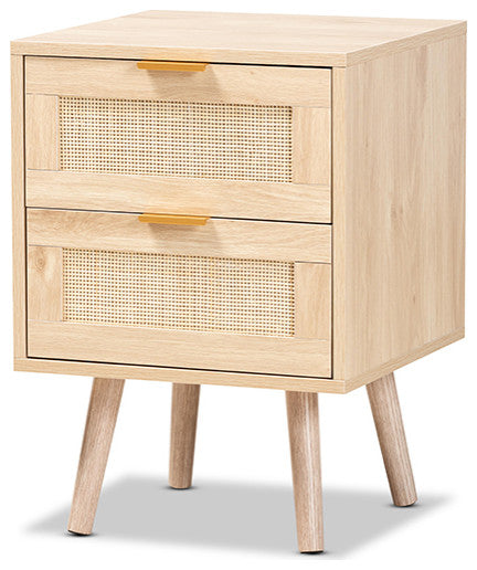 Lani Mid-Century Modern Light Oak Brown Wood and Rattan 2-Drawer Nightstand