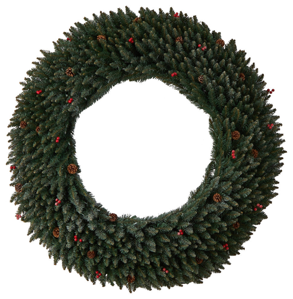 5' Large Flocked Faux Xmas Wreath W/Pinecones, Berry, Lights & Bendable Branches