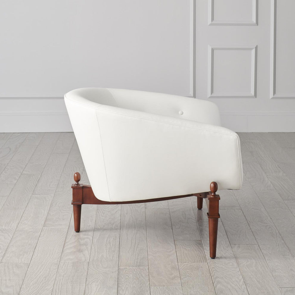 Luxe Mid Century Modern White Leather Club Chair  Round Barrel Minimalist Retro