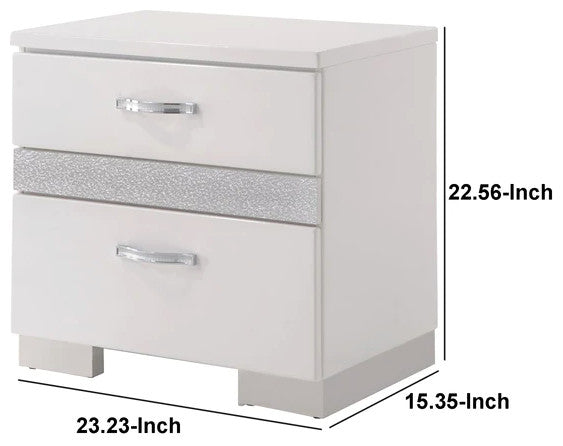 Benzara BM185468 Nightstand 3 Center Metal Glide Drawers In White Gloss Finish