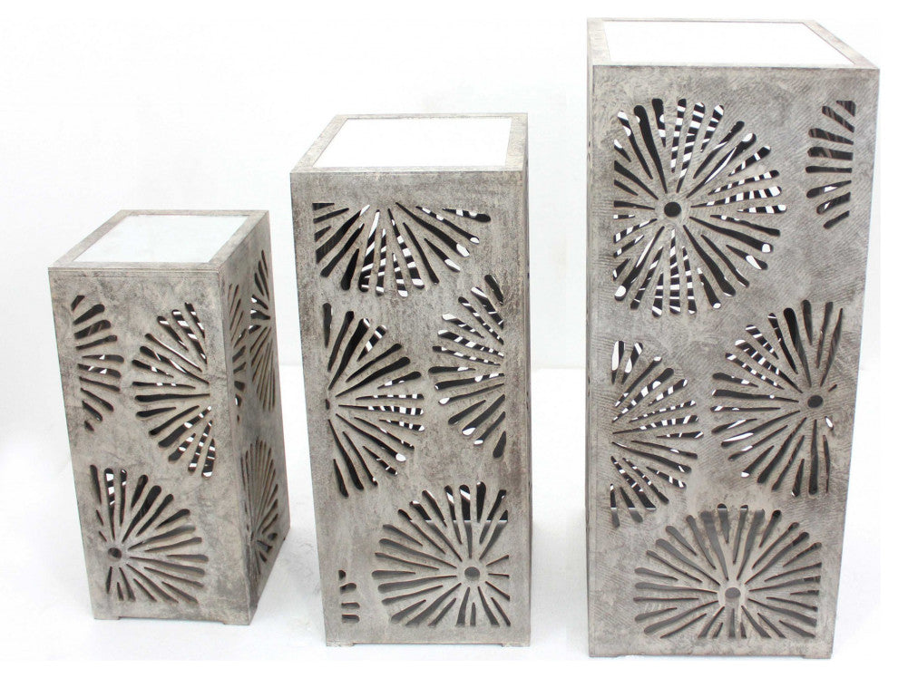 Gray 3 Piece Industrial Floral Mirrored Nesting Table Set