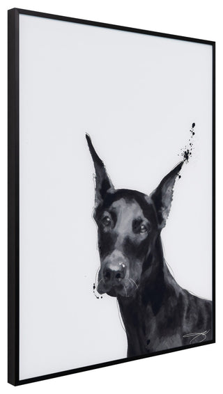 "Doberman" Black and White Pet Paintings on Printed Glass With Anodized Frame