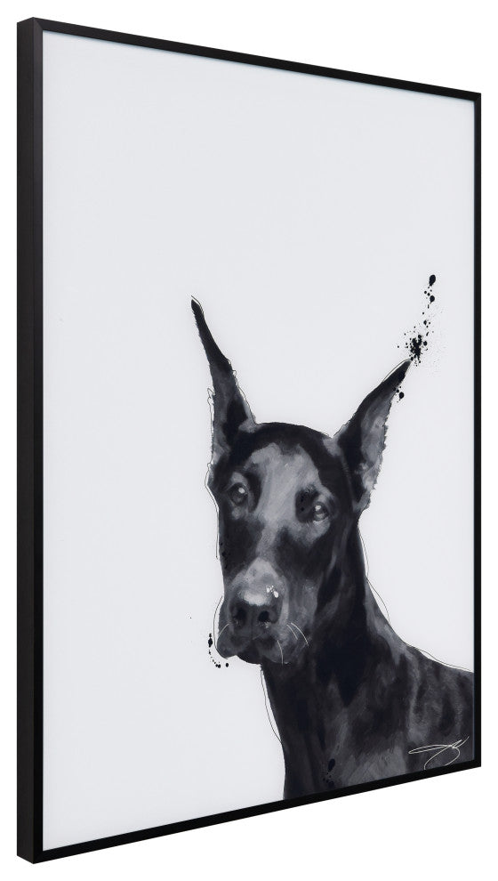 "Doberman" Black and White Pet Paintings on Printed Glass With Anodized Frame