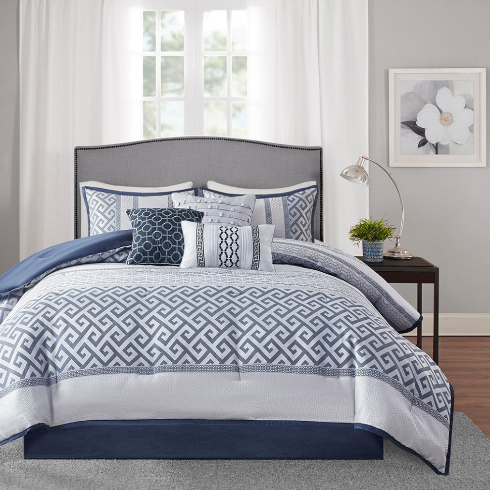 Madison Park Bennett Traditional Greek Keys 7-Piece Comforter Set, Navy Blue, Ki