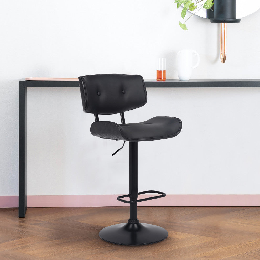 Brooklyn Adjustable Swivel Faux Leather and Wood Bar Stool With Metal Base, Black