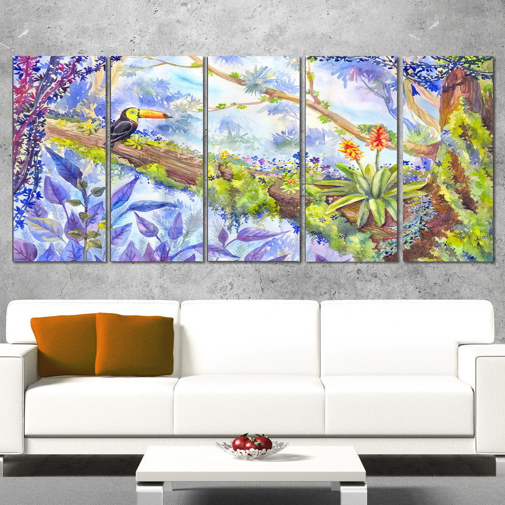 "Jungle With Bird Toucan On Tree" Wall Art Landscape, 5 Panels, 60"x28"