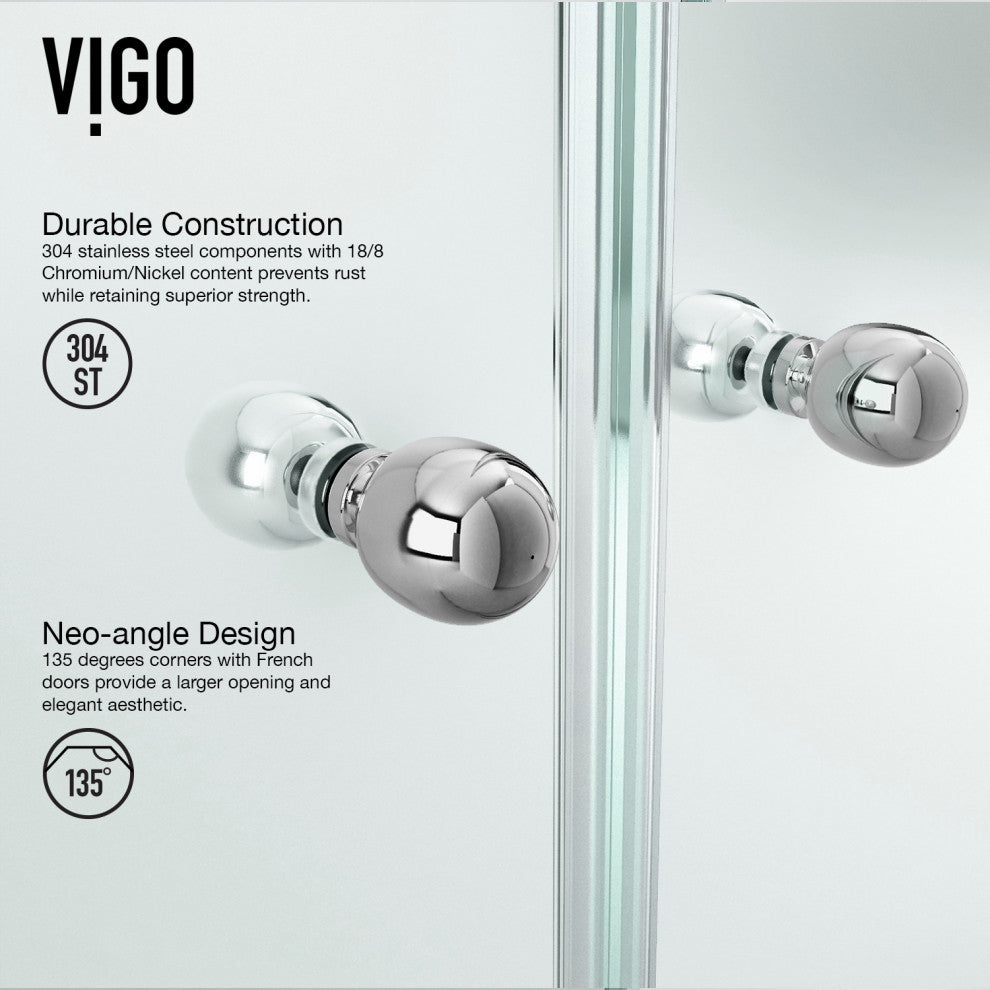VIGO Gemini Frameless Hinged Neo-Angle Shower Enclosure, Chrome, 42" D X 42" W, High Base