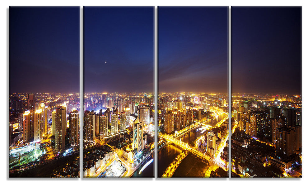 "Downtown Nighttime Panorama" Cityscape Artwork Canvas, 4 Panels, 48"x28"