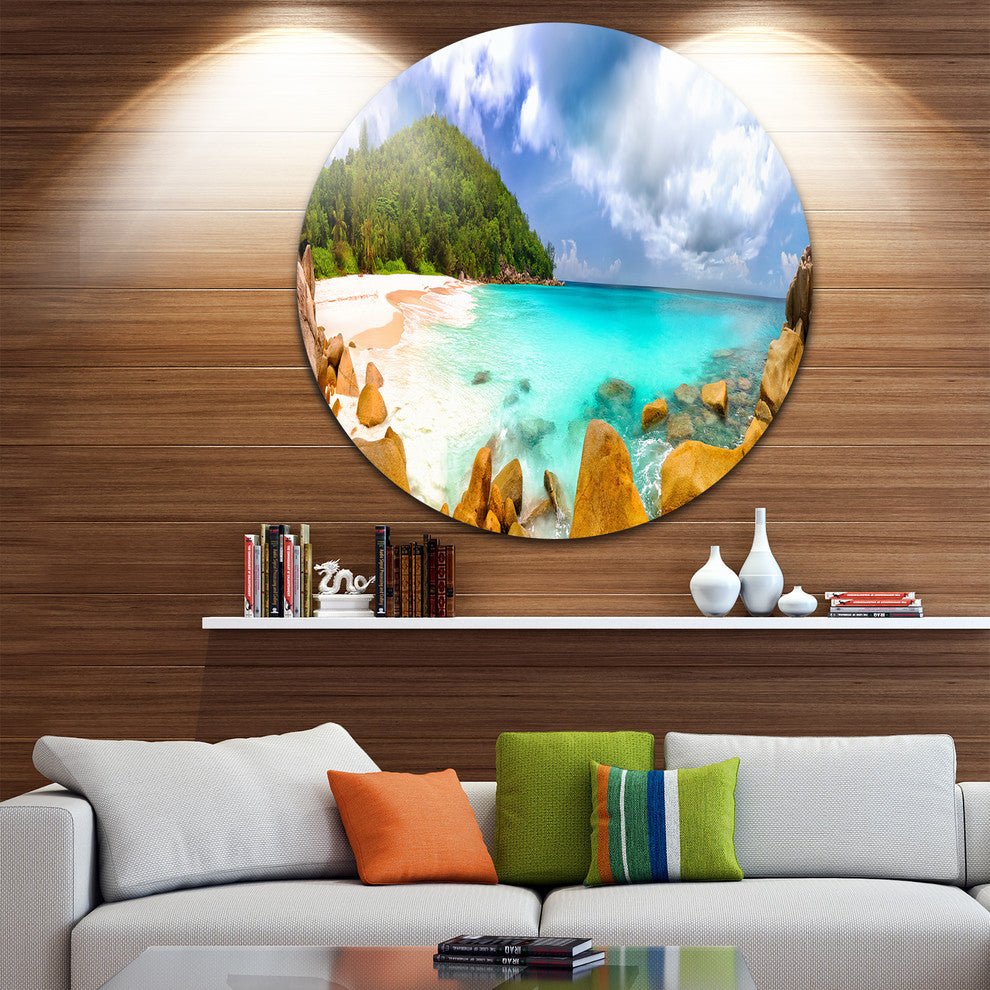 Seychelles Beach Panorama, Seascape Photo Disc Metal Artwork, 11"