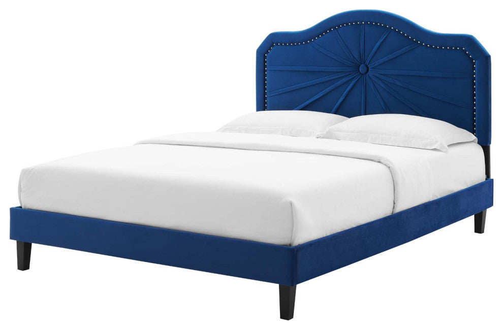 Platform Bed Frame, King Size, Velvet, Blue Navy, Modern Contemporary, Bedroom