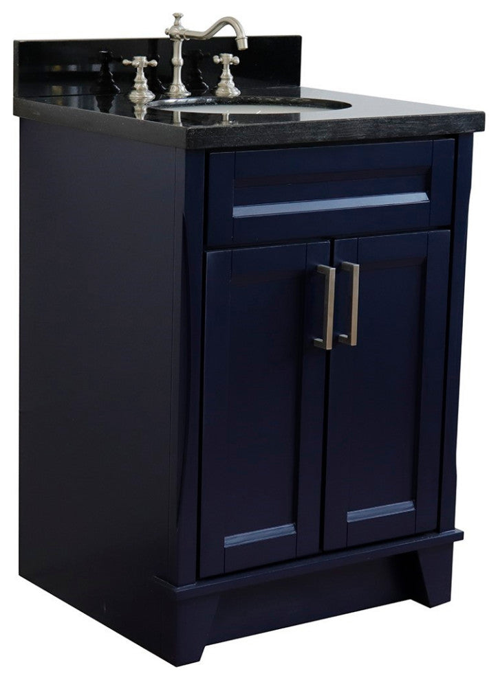25" Single Sink Vanity, Blue Finish With Black Galaxy Granite And Oval Sink