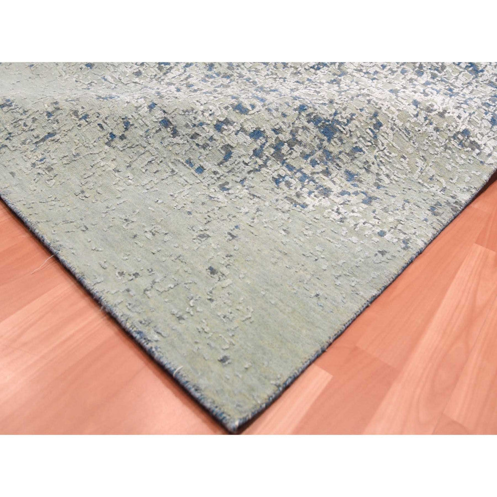 Denim Blue, Pure Silk and Wool, Modern Hand Knotted Oversized Rug, 12'0"x15'0"