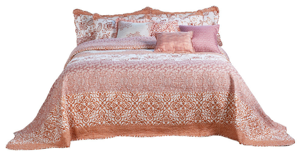 Coral Chevron 9-Piece Bed Spread Set, Coral, King, 122"x106"