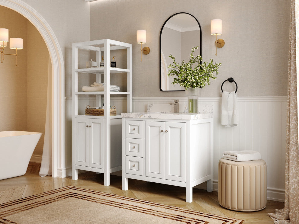 Nashville 36" Center Sink Bath Vanity, White 2" Carrara Quartz