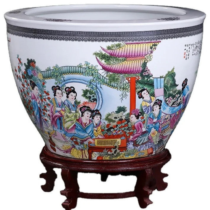 Hand-Painted Blue and White Ancient Beauty Ceramic Fishbowl, With Stand, D 17"x H 10"