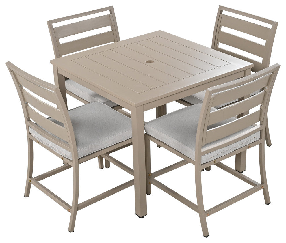 5-Piece Outdoor Steel Patio Dining Set with table and four chairs, Brown Gray