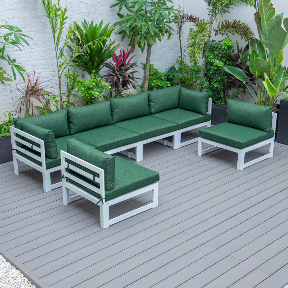 LeisureMod Chelsea 6-Piece Patio Conversation Set, White Aluminum, Green