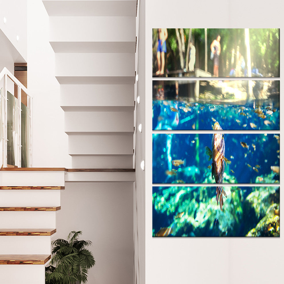 Fish in Ik Kil Cenote Mexico, Landscape Wall Art on Canvas, 28"x48", 4 Panels