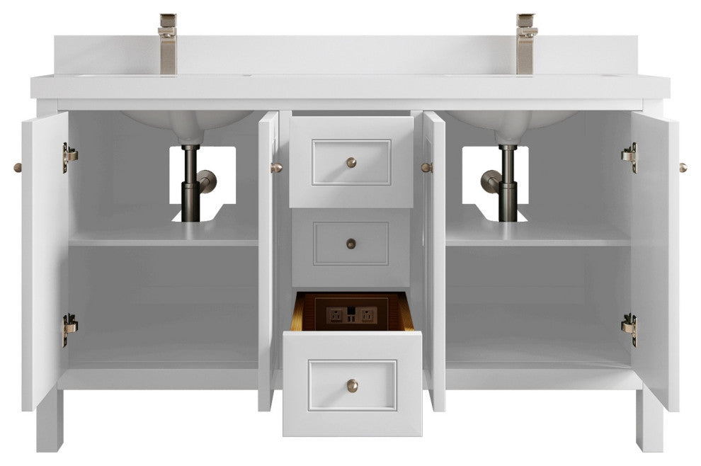 Nashville 60" Double Bathroom Vanity, White 2" White Quartz