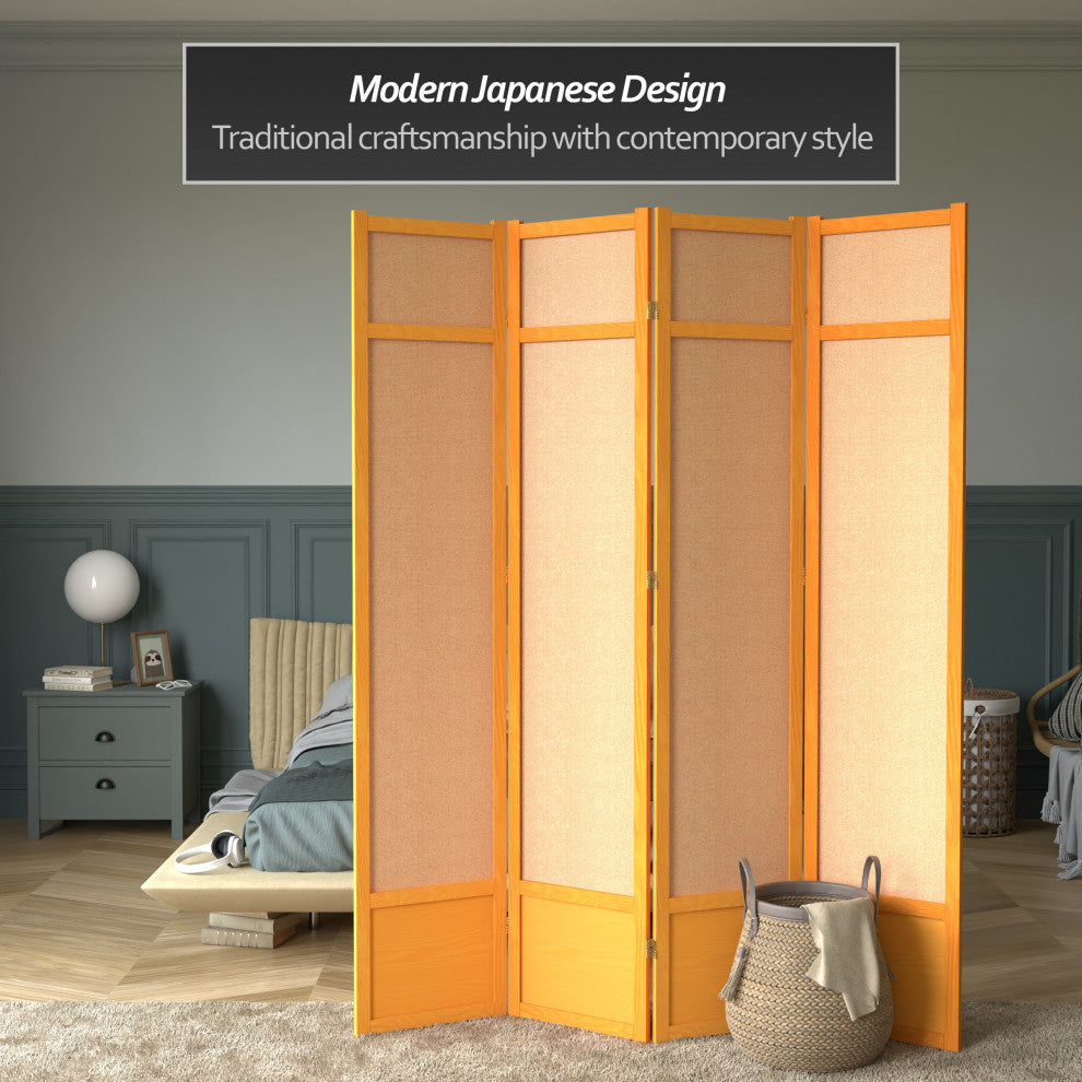 7' Tall Jute Shoji Screen, 4 Panel, Honey