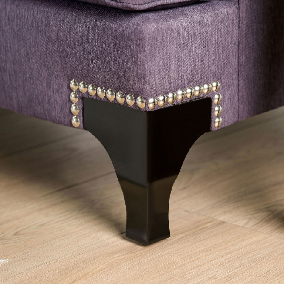 Chenille And Wooden Love Seat with Sloped Arms Design, Purple