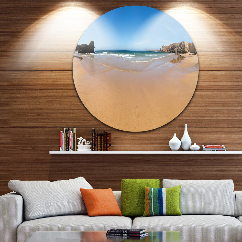 Calm Sandy Coastline Panorama, Beach Round Wall Art, 11"