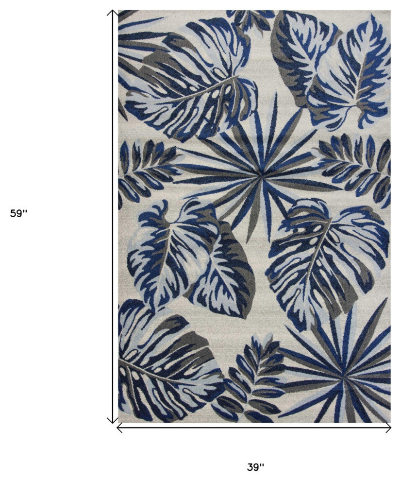 3' X 5' Blue and Gray Botanical Leaves Area Rug