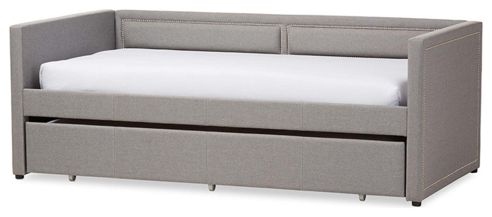 Keegan Linen Fabric Nail Heads Trimmed Sofa Twin Daybed With Trundle, Gray