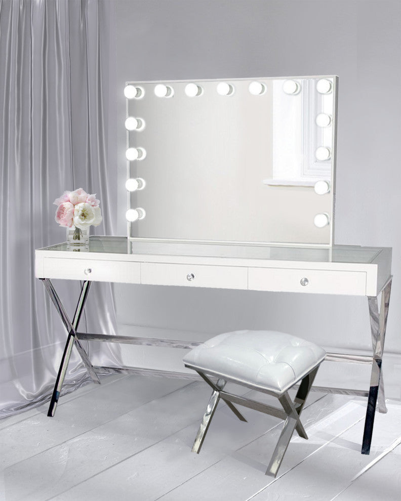Glam Vanity Mirror With Dimmer, Table and Chair, White