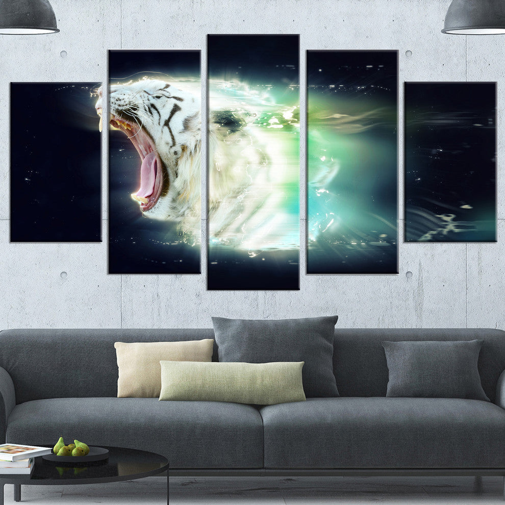 White Tiger with Open Jaws, Animal Canvas Wall Art, 60"x32", 5 Panels