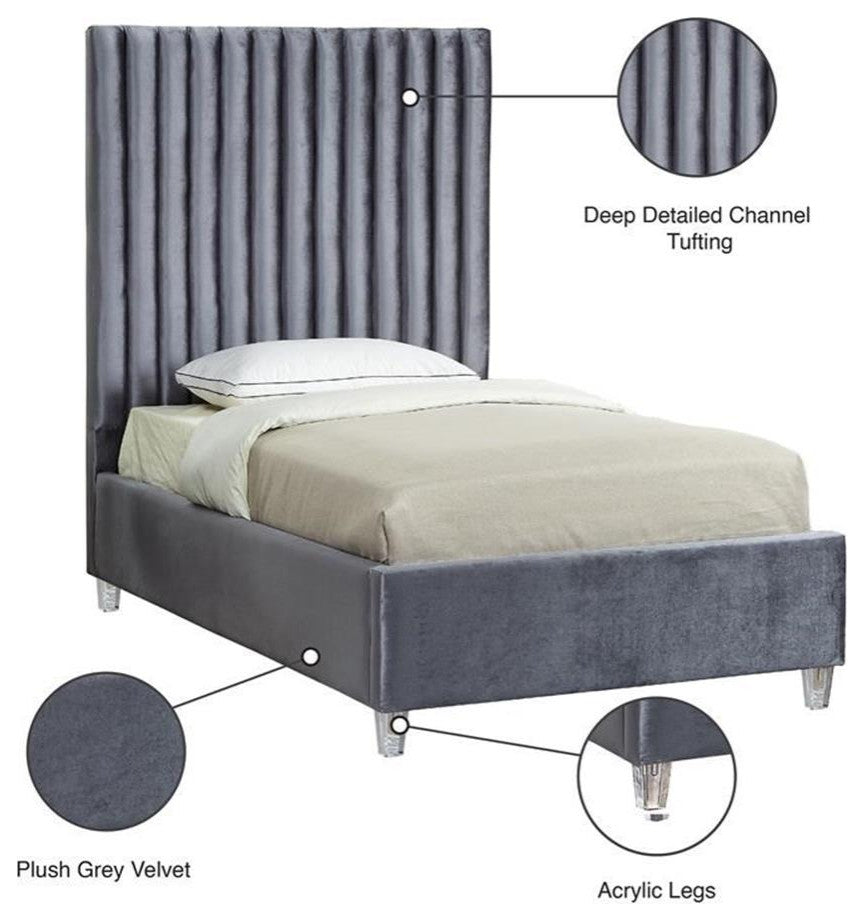Maklaine Modern 65'H x 44'W x 81'D Solid Wood Tufted Velvet Twin Bed in Gray