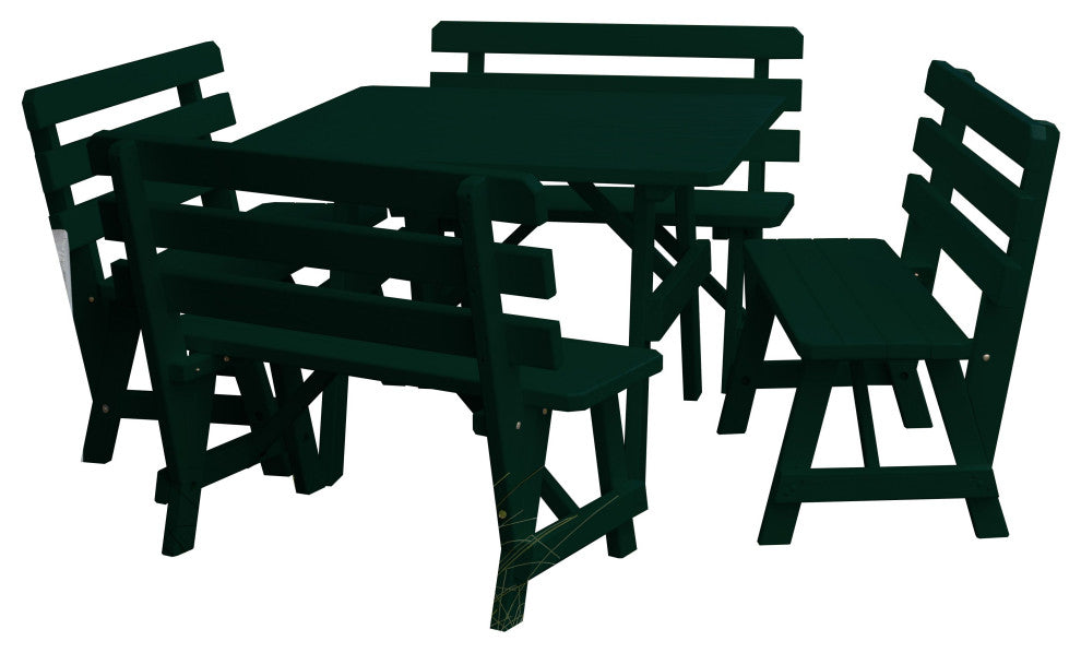 Pine 43" Square Table with Backed Benches, Dark Green
