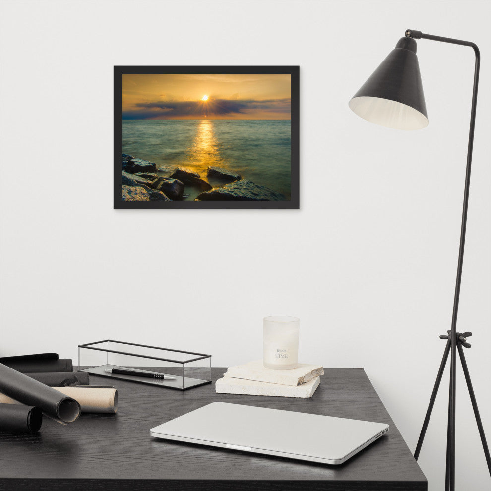 Sun Ray on the Water Coastal Landscape Framed Photo Paper Wall Art Print, Black, 12" X 16"